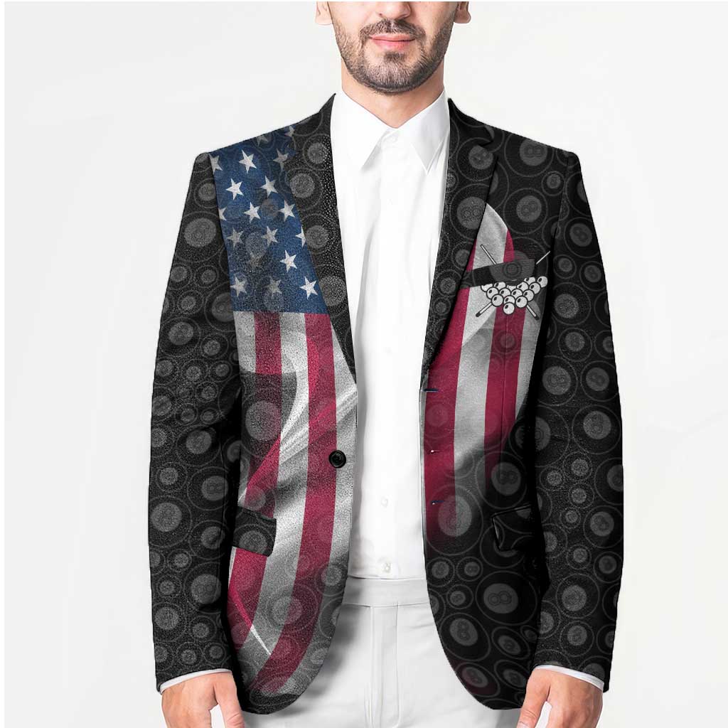 Men’s black blazer with American flag chest panel and patterned circular accents