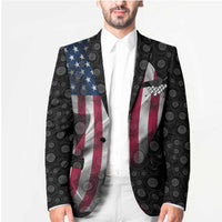 Men’s black blazer with American flag chest panel and patterned circular accents