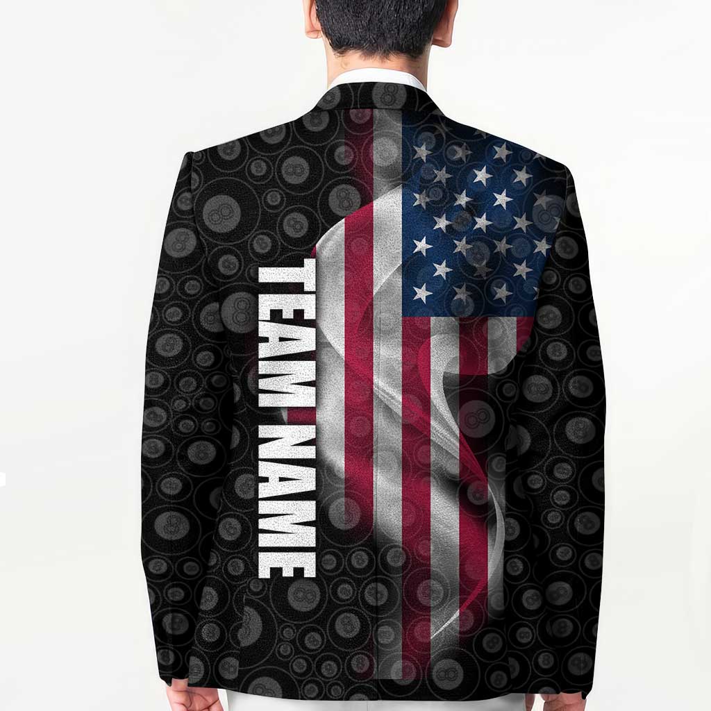 Black blazer back with American flag graphic, decorative cluster detail, and team name text