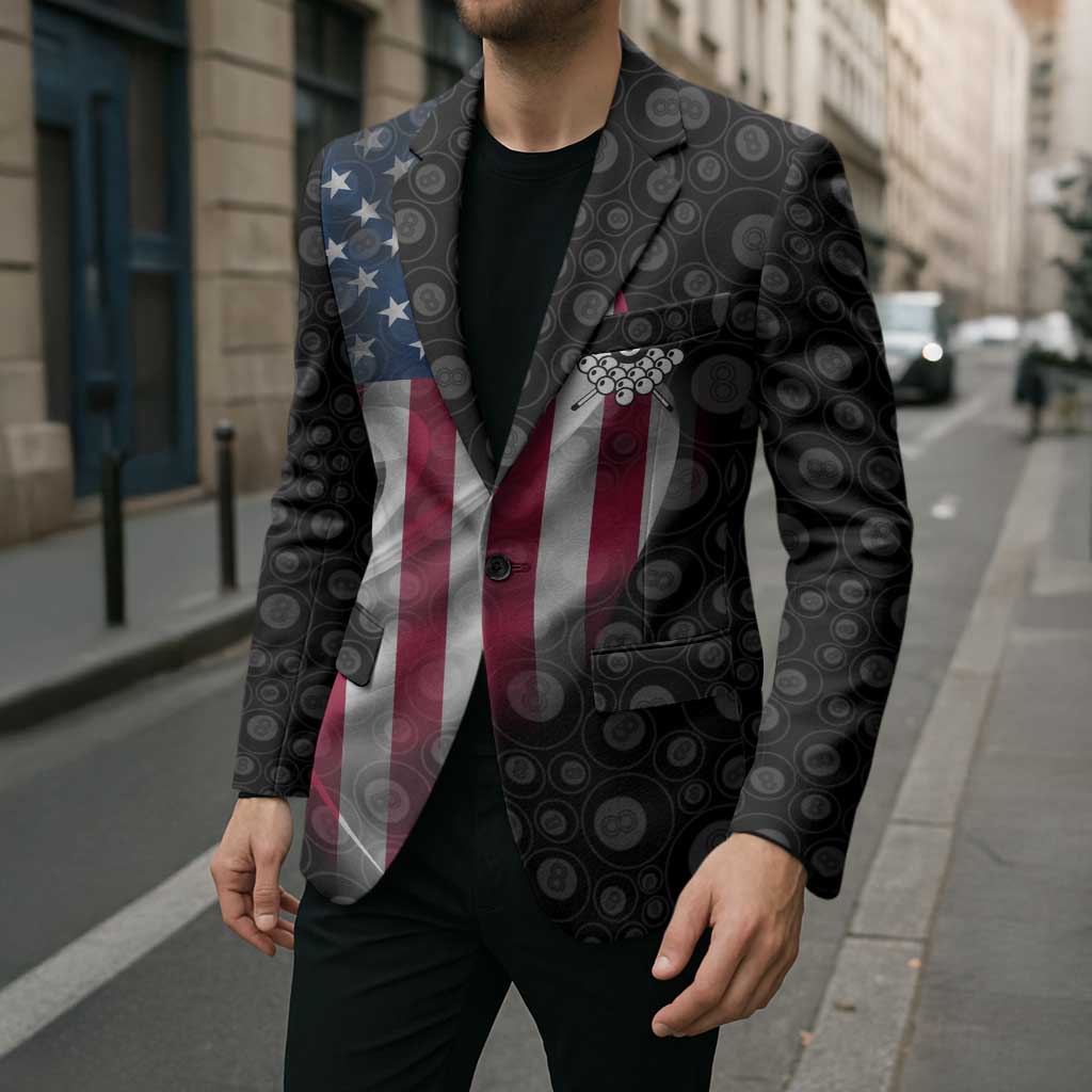 Black circular-pattern blazer with American flag center panel and long sleeves