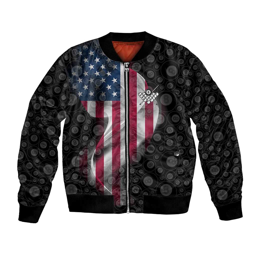 American Flag Bowling Ball and Pins Graphic Bomber Jacket with Black Patterned Background and Custom Team Name Design - Wonder Print Shop