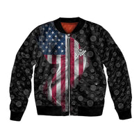American Flag Bowling Ball and Pins Graphic Bomber Jacket with Black Patterned Background and Custom Team Name Design - Wonder Print Shop