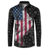 Men's graphic polo sweatshirt, black circular pattern, American flag and bowling pins
