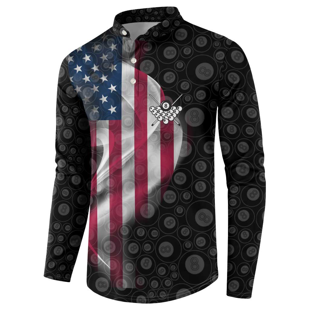 Men's graphic polo sweatshirt, black circular pattern, American flag and bowling pins
