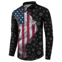 Men's graphic polo sweatshirt, black circular pattern, American flag and bowling pins