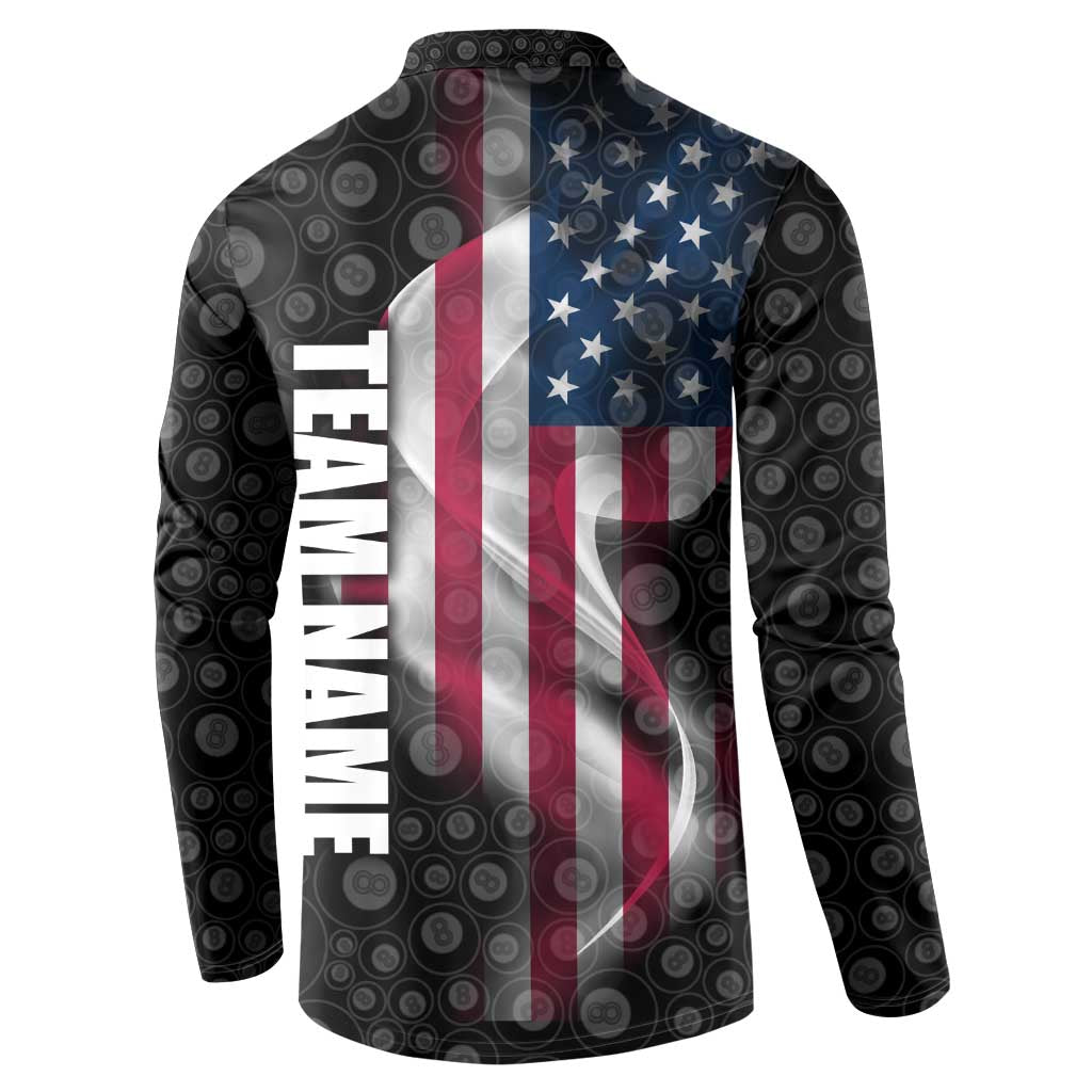 Men's graphic polo sweatshirt back, black circular pattern with American flag and TEAM NAME print