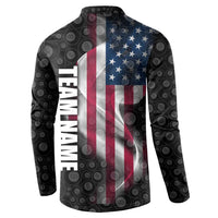 Men's graphic polo sweatshirt back, black circular pattern with American flag and TEAM NAME print