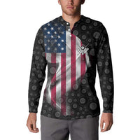 Men's graphic polo sweatshirt on model, black circular pattern with American flag and bowling pins