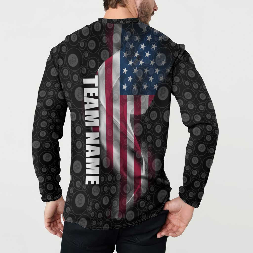 Men's graphic polo sweatshirt back, black circular pattern with American flag and TEAM NAME text