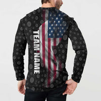 Men's graphic polo sweatshirt back, black circular pattern with American flag and TEAM NAME text