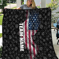 Black quilt with bowling-ball pattern, American flag graphic, and vertical team name