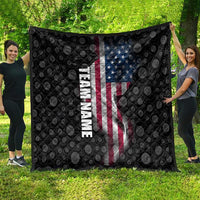 Black graphic quilt with bowling-ball pattern, American flag design, and vertical team name