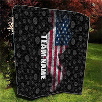 Black quilt with bowling-ball pattern, American flag graphic stripes, and vertical team name