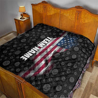 Black quilt with bowling-ball pattern and American flag stripe, vertical team name on bed