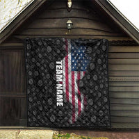 Black quilt with bowling-ball pattern, American flag design, and vertical team name