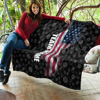 Black quilt with bowling-ball pattern, American flag graphic, and vertical team name cover