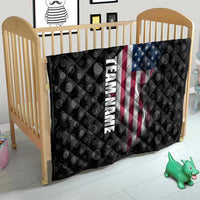 Black quilt with bowling-ball pattern and American flag graphic, vertical team name for crib
