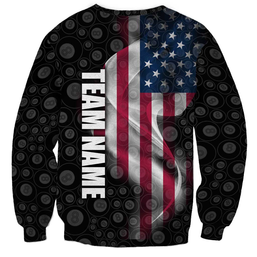 American Flag Bowling Ball and Pins Graphic Sweatshirt with Black Patterned Background and Custom Team Name Design - Wonder Print Shop