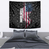 Bowling-themed wall tapestry, black circles with American flag stripe and TEAMNAME lettering