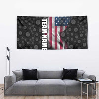 Bowling-themed wall tapestry with American flag stripe, black circle pattern and TEAMNAME text