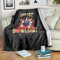 Black bowling-themed blanket with red cartoon strike explosion and 'BowlsHit' quote