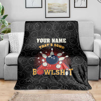 Black bowling blanket draped over sofa with 'Your Name' and bowling pin graphic