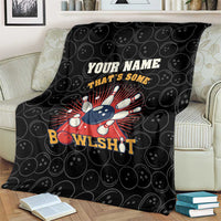Black bowling blanket on couch with bowling pin strike burst and 'BowlsHit' quote