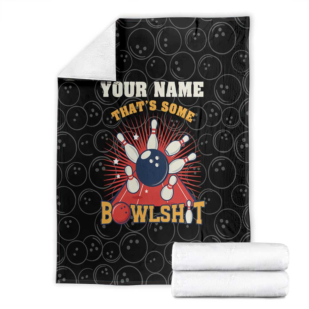 Black bowling blanket set with bowling pin strike burst, 'Your Name' and 'BowlsHit' text