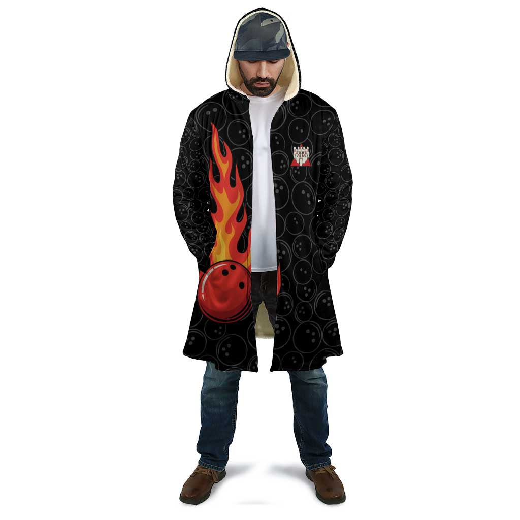 Bowling-themed hooded cloak on model, black with flame bowling ball and pins graphic