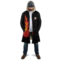 Bowling-themed hooded cloak on model, black with flame bowling ball and pins graphic