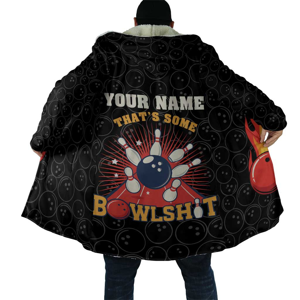 Bowling-themed hooded cape, black back print with 'YOUR NAME' and bowling graphic