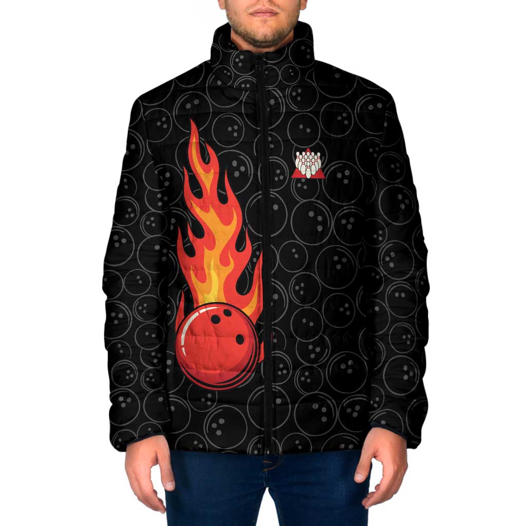 Flaming Bowling Ball Padded Jacket with Strike Explosion and Funny Quote Graphic on Bowling - Wonder Print Shop