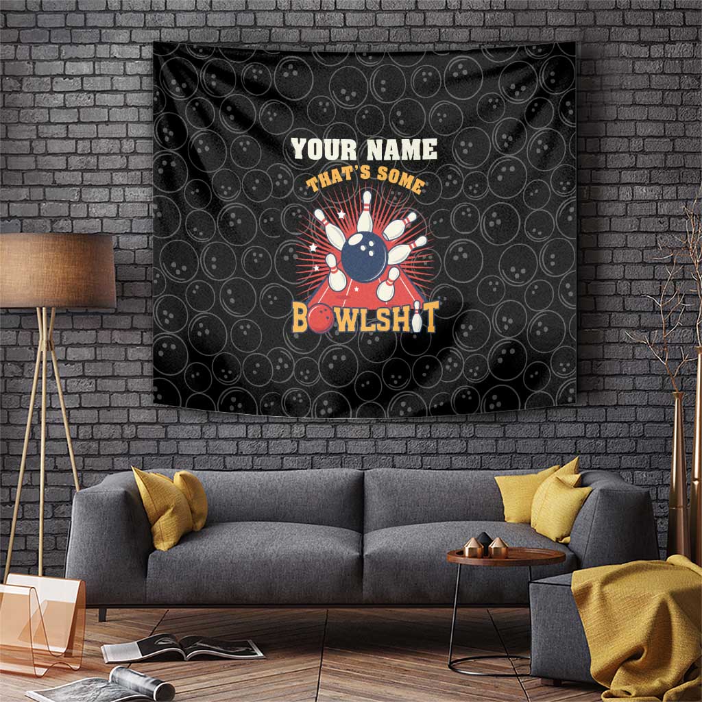 Black bowling tapestry with circle pattern, strike burst character, and 'YOUR NAME THAT'S SOME' text