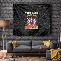 Black bowling tapestry with circle pattern, strike burst character, and 'YOUR NAME THAT'S SOME' text