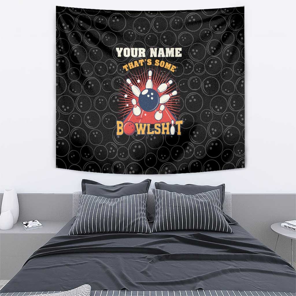 Black bowling ball tapestry with circle pattern, strike burst graphic, and 'BOWLSHIT' quote