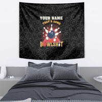 Black bowling ball tapestry with circle pattern, strike burst graphic, and 'BOWLSHIT' quote