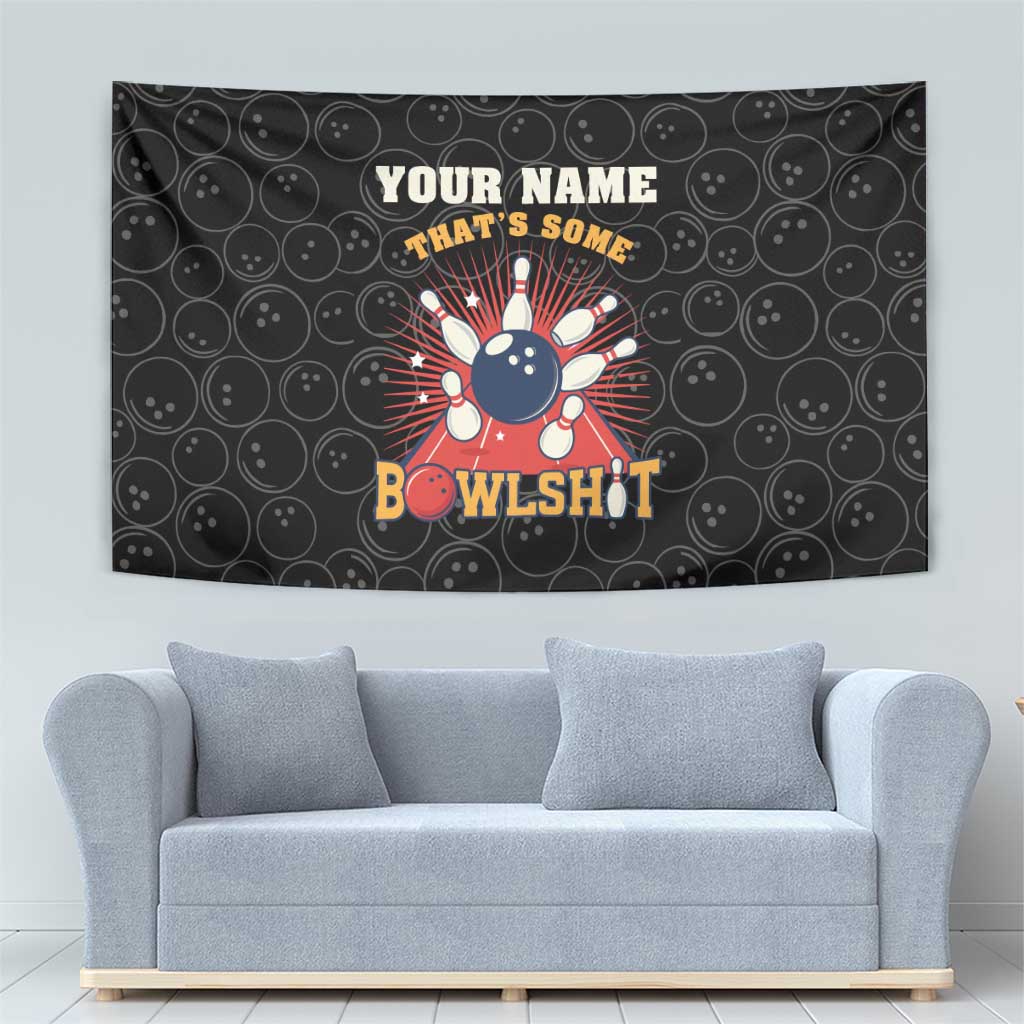 Black bowling tapestry with repeating bowling ball circles, strike burst character, and quote text