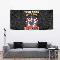Black bowling ball tapestry with 'YOUR NAME THAT'S SOME' headline and bowling strike graphic