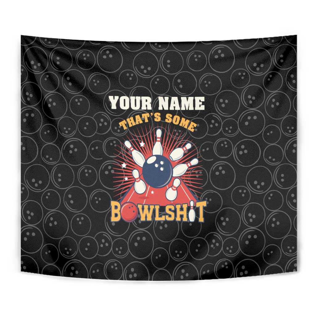 Black bowling ball tapestry with repeating circle pattern and 'BOWLSHIT' quote graphic