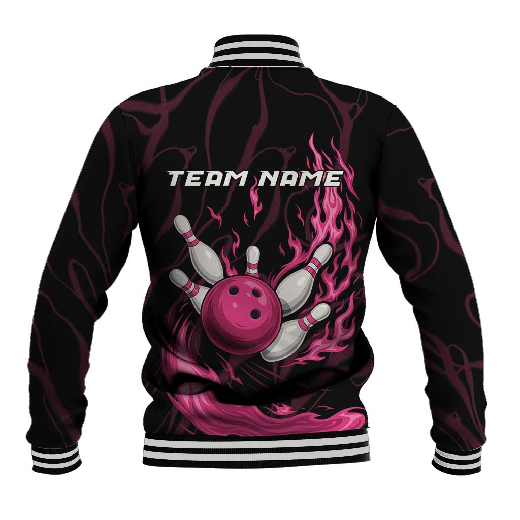 Pink Flaming Bowling Ball and Pins Baseball Jacket with Lightning Effect Graphic Design - Wonder Print Shop