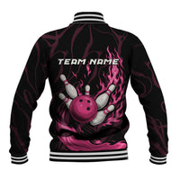 Pink Flaming Bowling Ball and Pins Baseball Jacket with Lightning Effect Graphic Design - Wonder Print Shop