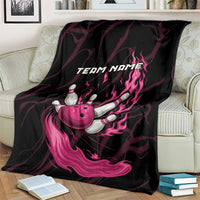 Black and pink flaming bowling ball and pins graphic blanket with bold “TEAM NAME”