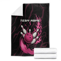 Black and pink flaming bowling ball and pins graphic blanket with folded white stacks