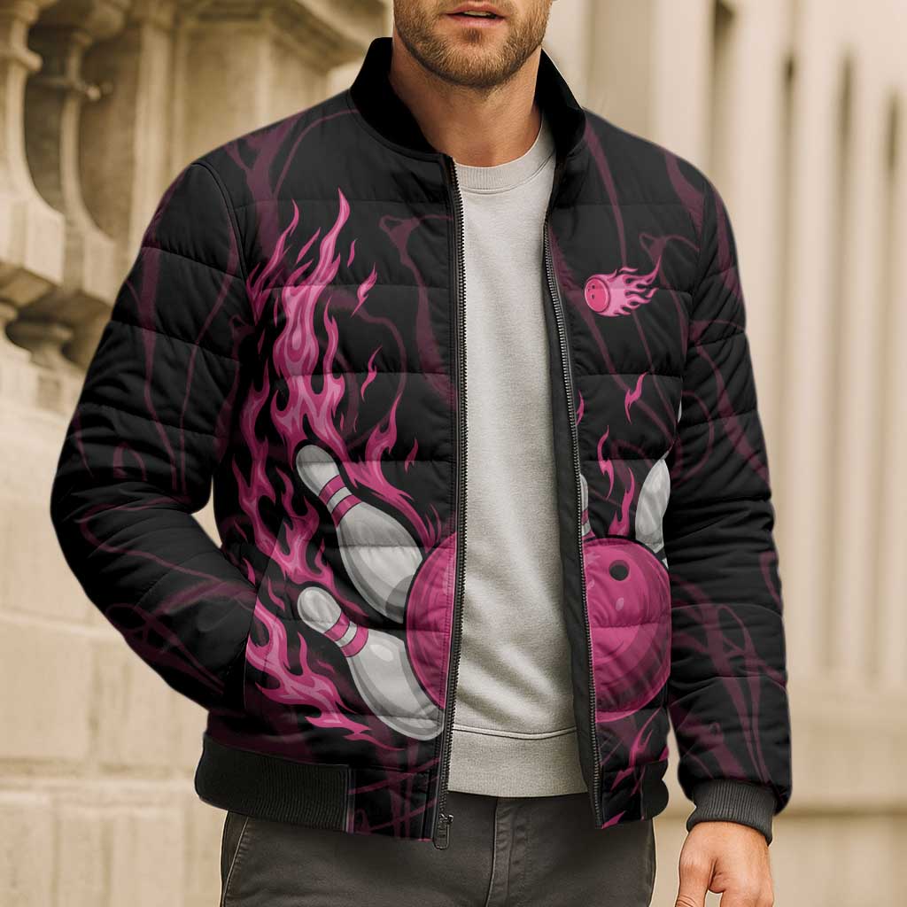 Pink Flaming Bowling Ball and Pins Bomber Puffer Jacket with Lightning Effect Graphic Design - Wonder Print Shop