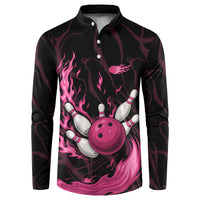Black and pink bowling pin and flaming ball graphic button henley sweatshirt