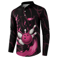 Black and pink bowling pin and flaming ball long-sleeve henley sweatshirt