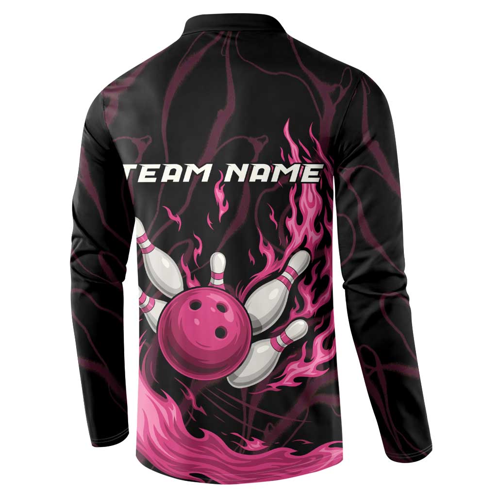 Black flaming bowling pin and ball henley sweatshirt with TEAM NAME on back