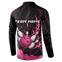Black flaming bowling pin and ball henley sweatshirt with TEAM NAME on back