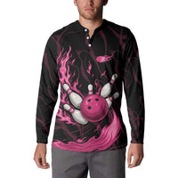 Black and pink flaming bowling pin and ball henley sweatshirt worn by model