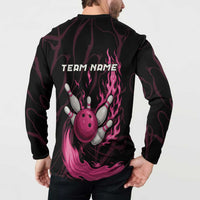 Black flaming bowling pin and ball henley sweatshirt with TEAM NAME on back